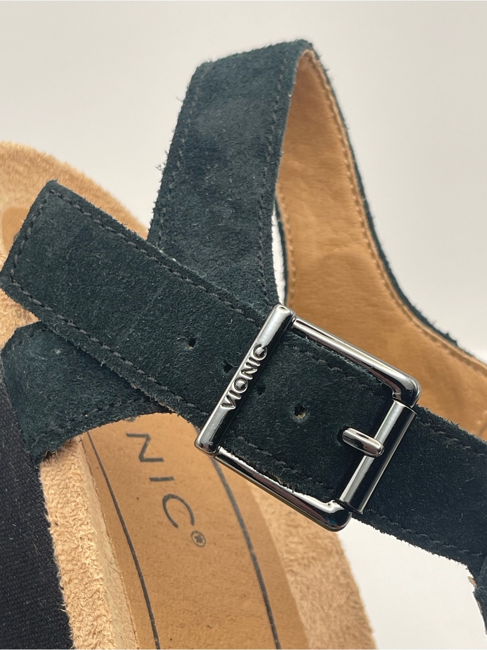 Vionic Black Suede Comfort T-Strap Platform Sandals with Adjustable Buckle - Picture 5 of 8